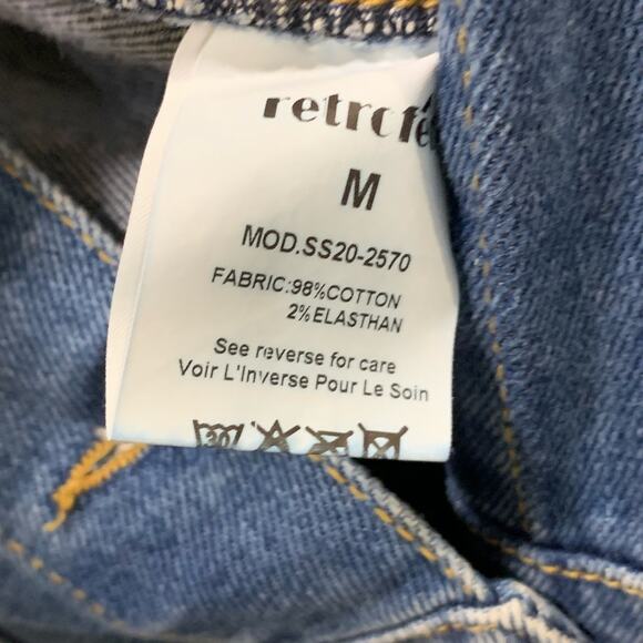 Retrofete Tori Denim Jumpsuit Size Medium Short Puff Sleeve Button Front w Belt - Picture 8 of 12